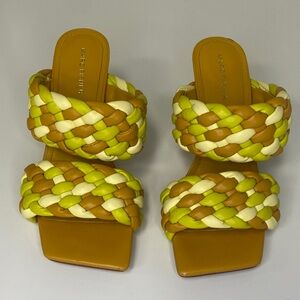 Marc Fisher Braided Two-Band Slide Sandals in Yellow, White & Tan